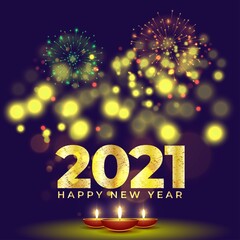 Vector illustration of Happy New Year 2021 greeting with beautiful bokeh background, fireworks, New year wishes poster.