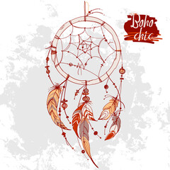 Dreamcatcher, Set of ornaments, feathers and beads. Native american indian dream catcher, traditional symbol. Feathers and beads on white background. Vector decorative elements hippie.