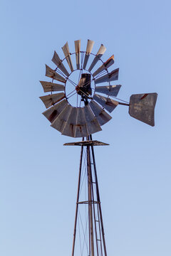 An old metal windmill located in the southeast of South Australia on November 8 2020