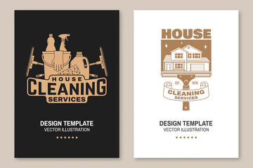 Cleaning company covers, invitations, posters, banners, flyers. Vector. Vintage typography design with cleaning equipments. Cleaning service template for company related business
