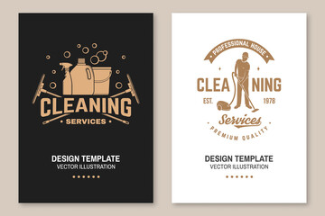 Cleaning company covers, invitations, posters, banners, flyers. Vector. Vintage typography design with cleaning equipments. Cleaning service template for company related business