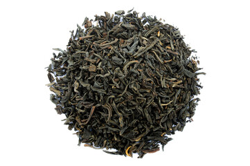 Dry black tea leaves isolated on white background, top view. Heap of black tea leaves isolated on white background. Close-up, top view. Dry leaves of black tea on a white background, top view.