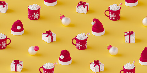 Fun cute Christmas pattern background with Christmas balls, mug, gift boxes and Santa Claus hat, festive holidays celebration accessory. 3d illustration.