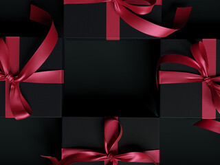 Product background for Christmas, New Year and sale concept. Black gift boxes background. 3d rendering.
