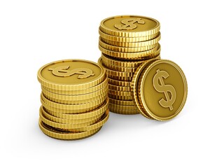 3D rendering gold coins on white background
