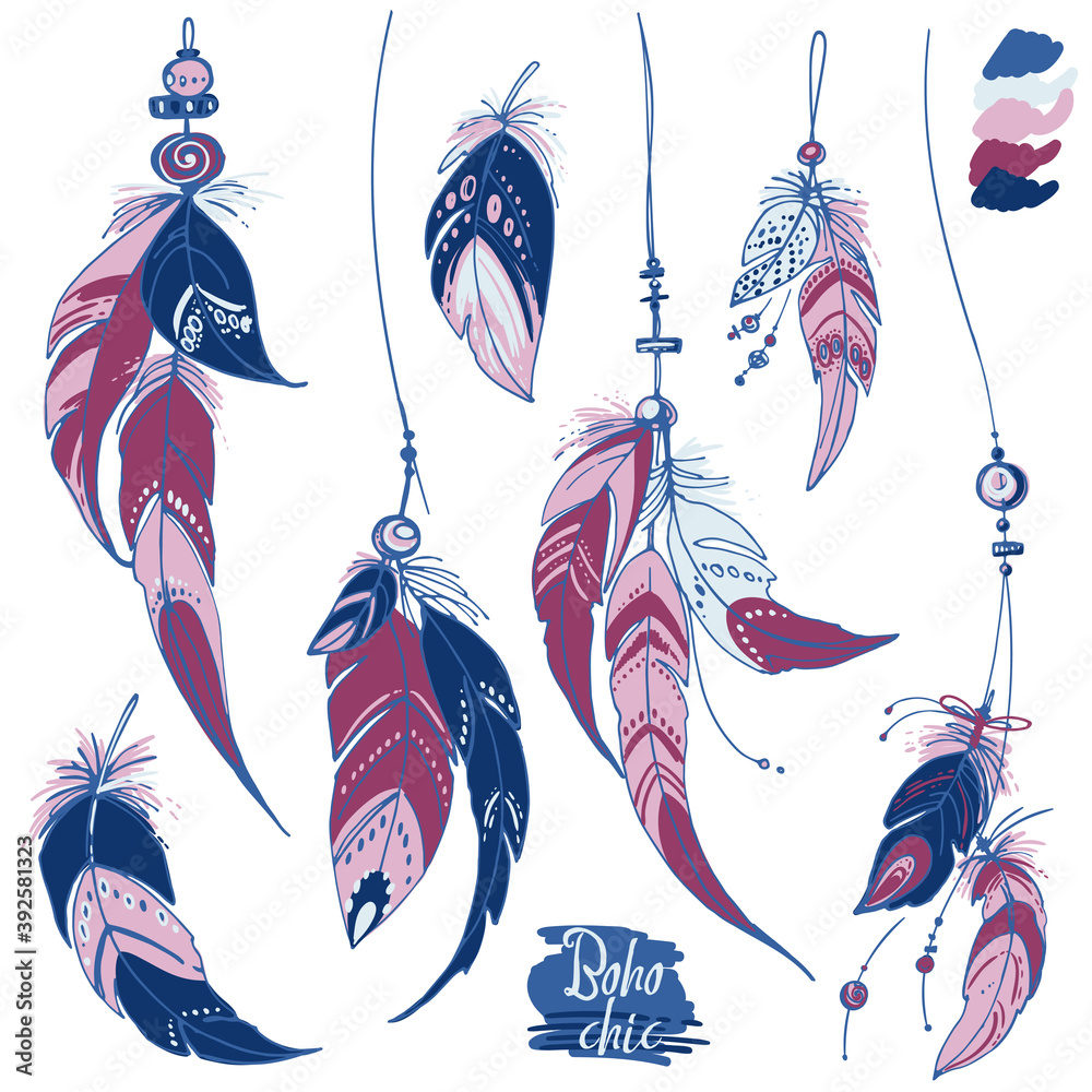 Wall mural Dreamcatcher, Set of ornaments, feathers and beads. Native american indian dream catcher, traditional symbol. Feathers and beads on white background. Vector decorative elements hippie.