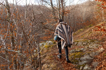 Alone woman with brunette hair walks in the autumn woods, covered with blanket.