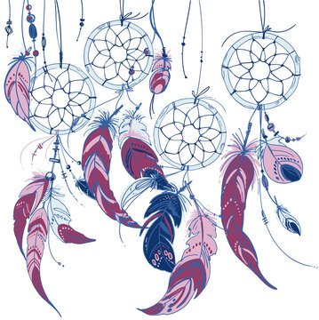 Dreamcatcher, Set of ornaments, feathers and beads. Native american indian dream catcher, traditional symbol. Feathers and beads on white background. Vector decorative elements hippie.