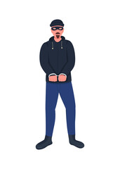 Fototapeta na wymiar Robber in handcuffs flat color vector faceless character. Burglar in mask and disguise. Caught convict. Arrested criminal isolated cartoon illustration for web graphic design and animation