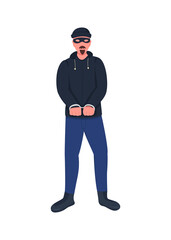 Robber in handcuffs flat color vector faceless character. Burglar in mask and disguise. Caught convict. Arrested criminal isolated cartoon illustration for web graphic design and animation
