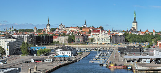 Old City Marina and view of the Old Town of Tallinn, Estonia. View from the upper deck of a...