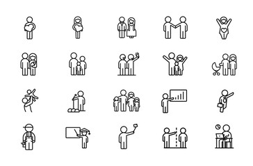 Family, wedding, pregnancy, lovers, office worker, manager, lawyer, accountant, plumber, electrician, singer, schoolboy, teacher, husband, wife, child, speaker, coach. Vector icons with editable lines