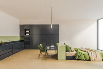 Modern living hall room studio with mockup copy space, green bed and kitchen zone