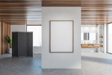 Mockup frame canvas in white wooden bathroom with two sinks and wooden panel