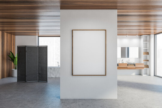 Mockup Frame Canvas In White Wooden Bathroom With Two Sinks And Wooden Panel