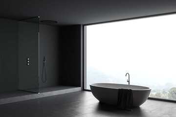 Obraz na płótnie Canvas Gray bathroom corner with tub and shower