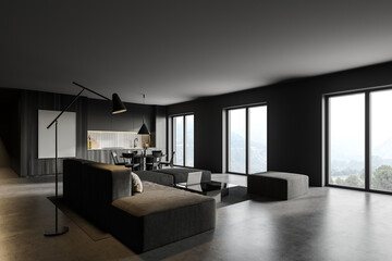 Gray and wooden kitchen corner with sofa and poster