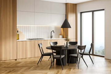 Wooden kitchen corner with dining table