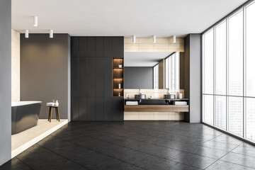 Dark grey bathroom with bathtub and sinks with big window, grey floor