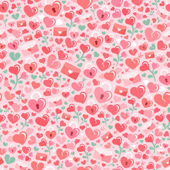 Valentine's day, romance and love themed icons doodle collage seamless pattern on pink background. Simple modern flat style vector illustration. 