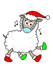 A sheep is wearing santa Claus hat and mask. With red and green shoes. Vector illustration.
