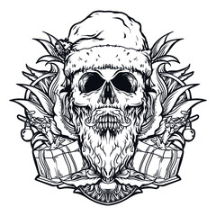 tattoo and t-shirt design black and white hand drawn santa claus skull engraving ornament premium vector