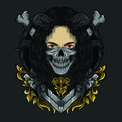 artwork illustration and t-shirt design devil girl skull mask engraving ornament premium vector