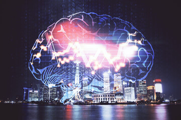 Brain hologram drawing on city scape background Double exposure. Brainstorming concept.
