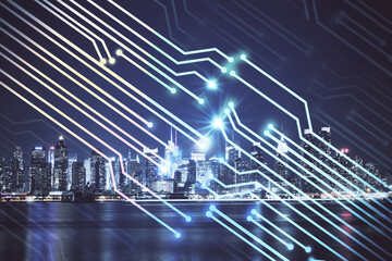 Data theme hologram drawing on city view with skyscrapers background multi exposure. Ai concept.
