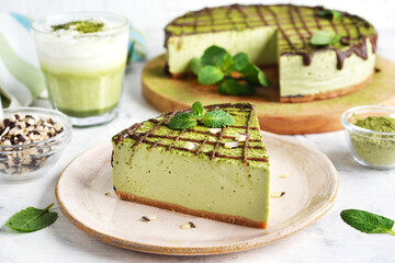 Cheesecake with japanese green matcha tea