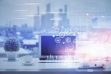 Multi exposure of table with computer on background and data theme drawing. Concept of innovation.