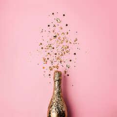 Golden champagne bottle explosion made with golden confetti stars. Glamour Christmas or New Year...