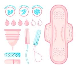 The menstrual Cup.Tampons. Gaskets. Drop of blood. Hygienic kit.