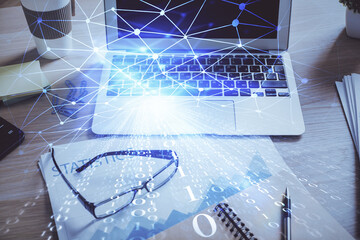 Multi exposure of desktop with computer on background and tech theme drawing. Concept of big data.