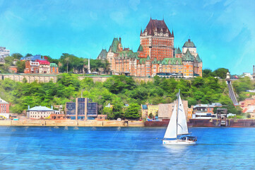Cityscape from St. Lawrence river colorful painting