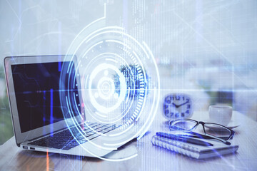 Double exposure of desktop with computer on background and tech theme drawing. Concept of big data.