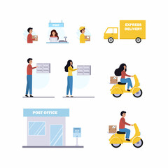 Set of illustrations on the subject of delivery of letters and orders. People send emails through their mailbox. Post office and Express delivery by courier. Vector flat man.