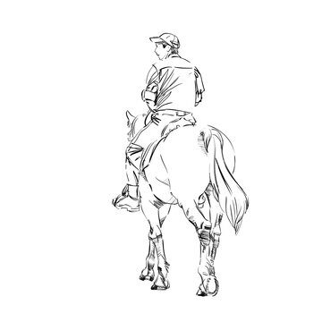 A Horsemen and Horse. Young Ranger. Freehand Monochrome Drawing of Animal and People. Linear Graphic. Realistic Pen Drawing Imitation. Vector Illustration. Mounted Constabulary. Animal Art