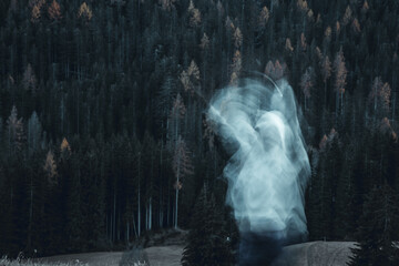Long exposure shot of subject in movement, creating a ghost or spirit or ectoplasm appearing just...