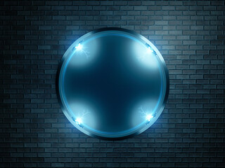 Neon style signboard on brick wall mockup. Blue modern sign illuminated by lights 3D rendering