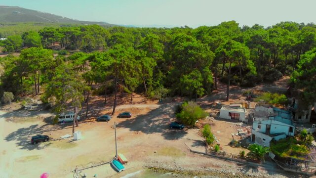 Aerial view over tree tops, Natural forest background in the summer time in Didim, Aegean side of Turkey