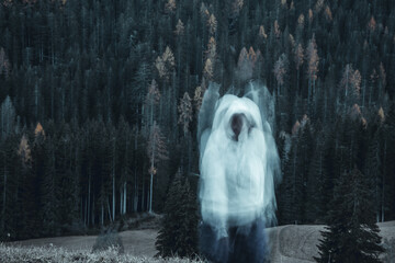 Long exposure shot of subject in movement, creating a ghost or spirit or ectoplasm appearing just...