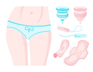 Hygienic kit. Women's sanitary pads, tampons. Feminine hygiene products - sanitary pad, tampon, menstrual Cup, menstrual set icons. Women menstrual period illustration.