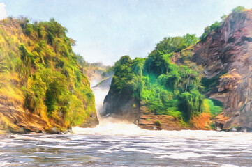 Fototapeta na wymiar Waterfall colorful painting, Murchison Falls national park, Uganda.