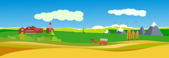 Banner size illustration of countryside landscape, village, autumn, vector.