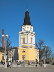 Tampere, Finland. Belfry of the Old Church at the Central Square in sunny spring day. The belfry was built in 1828.