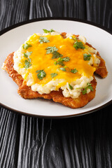 English fast food Parmo with chicken fillet, breaded with béchamel sauce and cheddar cheese close-up in a plate on the table. vertical