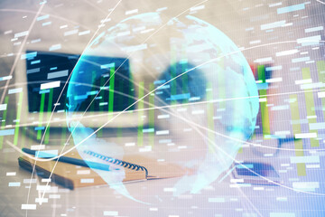 Multi exposure of business theme icons and work space with computer background. Concept of success.