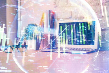 Multi exposure of business theme icons and work space with computer background. Concept of success.