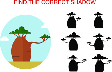 An illustration of a baobab tree. Find the correct shadow. Educational game for children. - obrazy, fototapety, plakaty